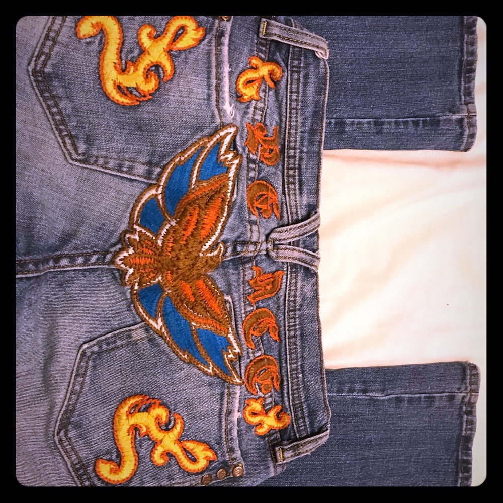 Patched bell bottom jeans